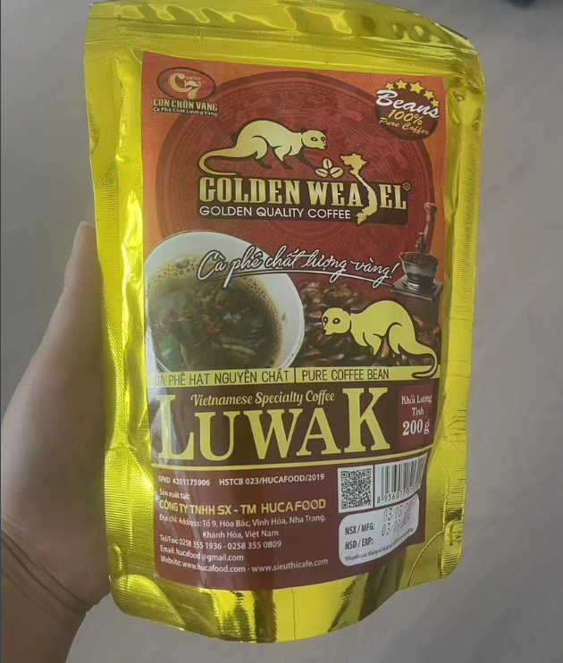 Cà Phê Chồn Luwak Hạt - Golden Weasel - Túi Zipper 200Gr