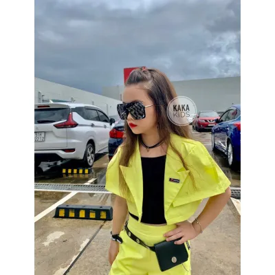 [HCM]Bộ Vest 3 Chi Tiết Kaki Neon Xanh Nổi Bật Hot Trend Bé Gái