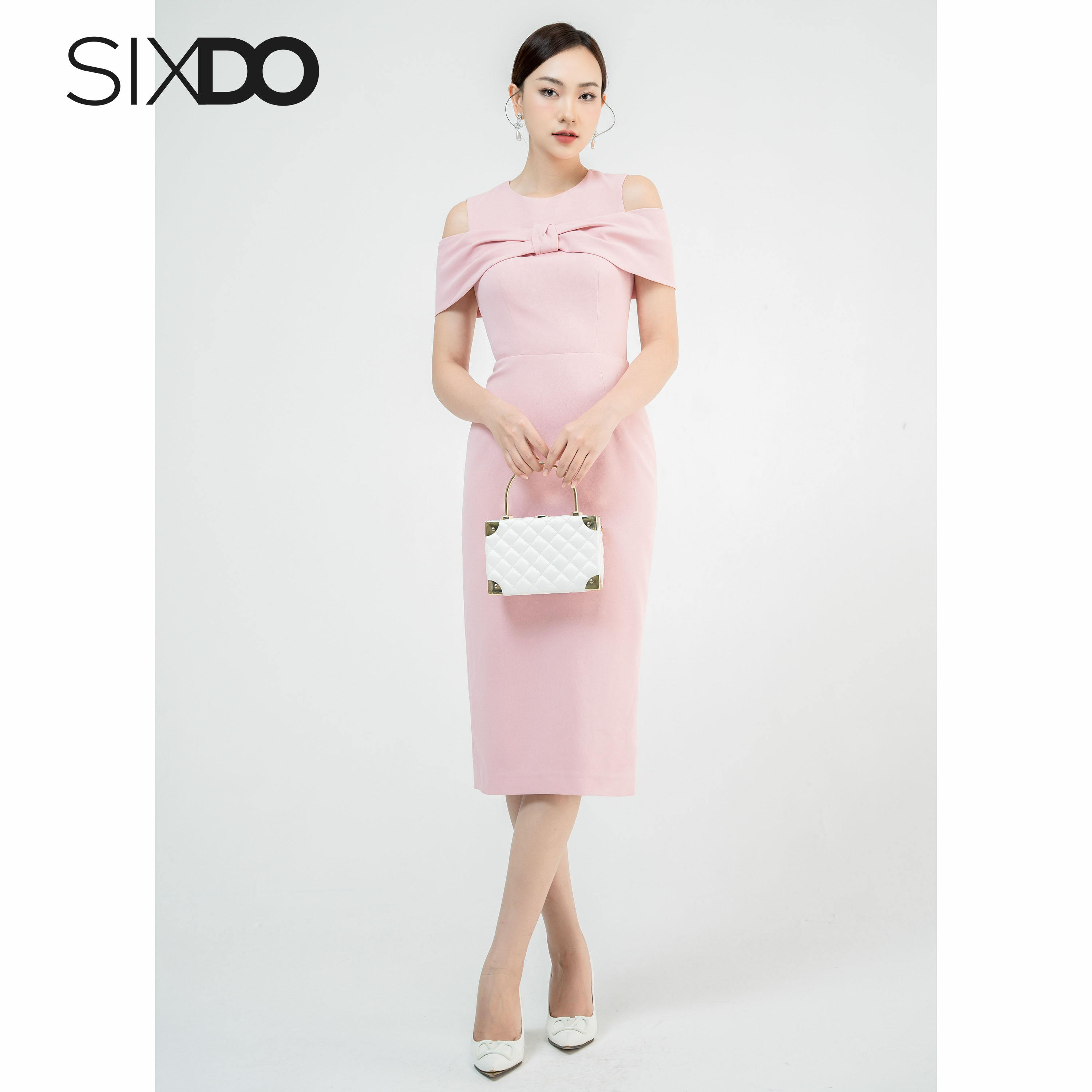 Đầm hồng cổ tròn hở vai SIXDO (Pink Cape Midi Woven Dress)