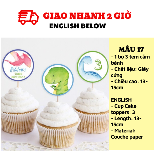 Tem cắm bánh Khủng Long - Dinosaur cupcake toppers kab41