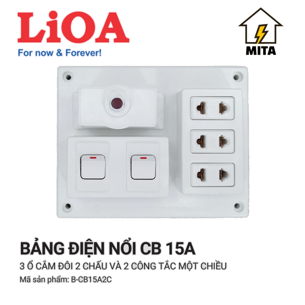 Bảng điện nổi LiOA CB 15A có 3 ổ cắm 2 - 3 công tắc MITA