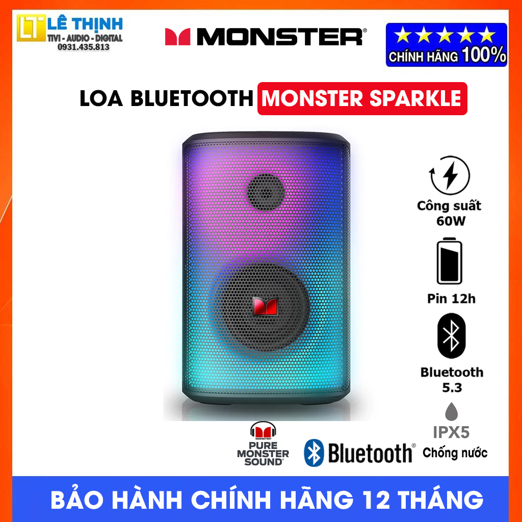 Loa bluetooth monster sparkle | công suất 60w -bluetooth 5.3 - pin 12h, led rgb - chính hãng - bảo hành 12 tháng