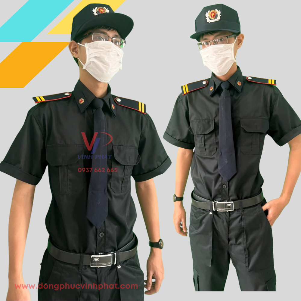 Trọn Bộ Đồng Phục Bảo Vệ, Vệ Sĩ Màu Đen Túi Hộp Tay Ngắn Đẹp Bao Gồm Phụ Kiện Nón, Cầu Vai, Ve Áo, Cà Vạt - Hình thật