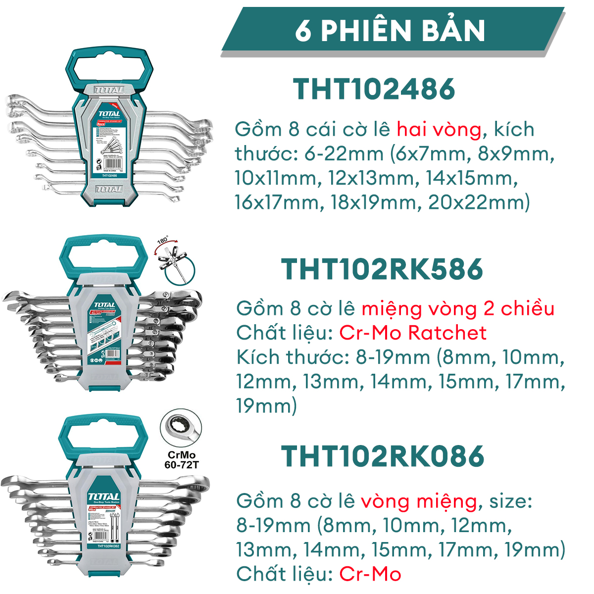 Bộ cờ lê TOTAL nhiều kích cỡ nhiều kiểu dáng thiết kế nhỏ gọn cờ lê chất liệu cao cấp siêu cứng chống rỉ bộ dụng cụ cầm tay sửa xe