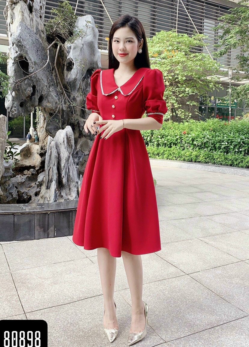 [HCM]ĐẦM NỮ CỔ SƠ MI PHONG CÁCH QUÝ TỘC CÓ 2 MÀU ĐỎ - ĐEN HHP
