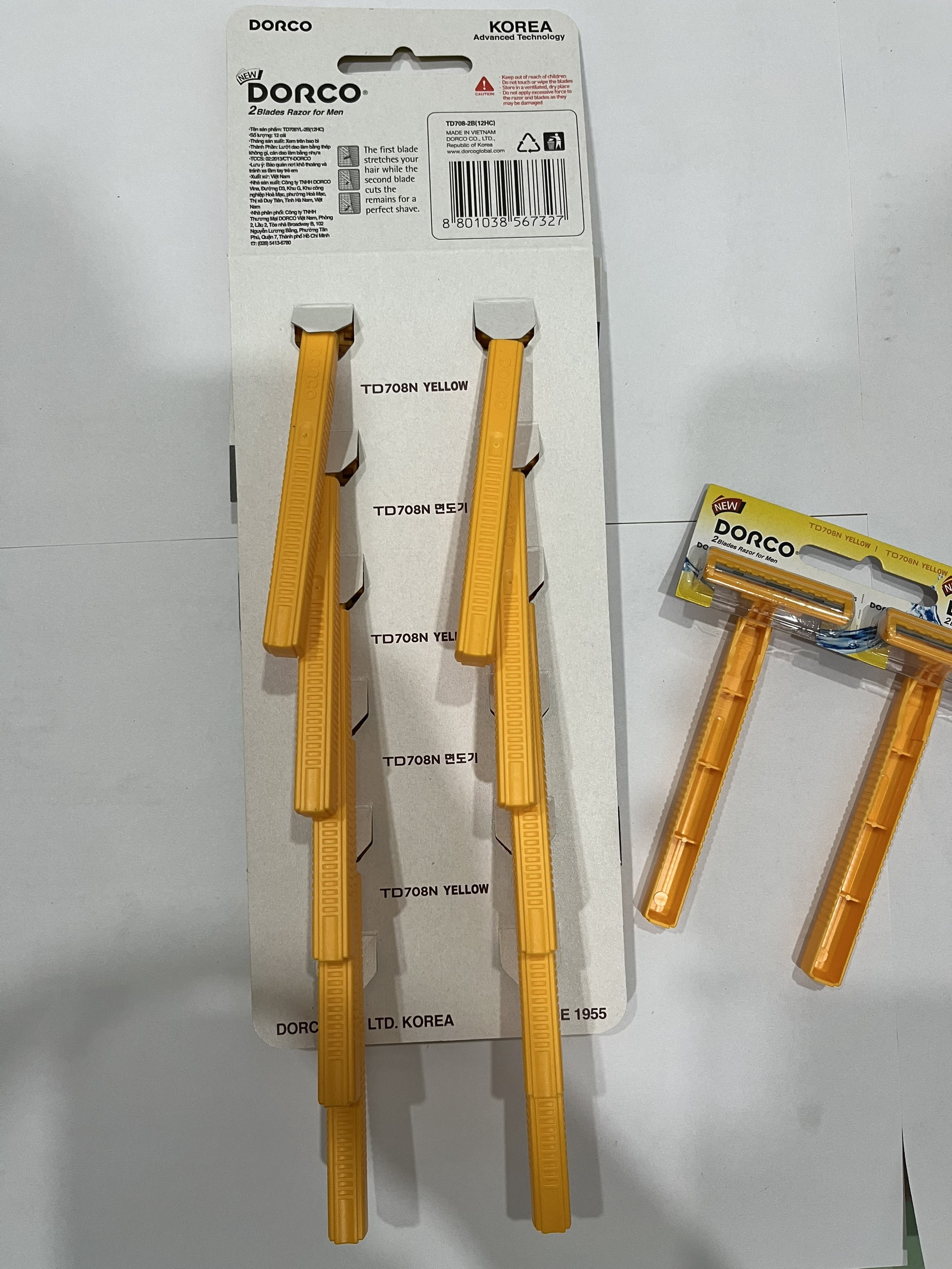 [HÀNG CHÍNH HÃNG] Dao cạo râu 2 lưỡi Dorco TD708YL-2B (Vỹ 12 cây)