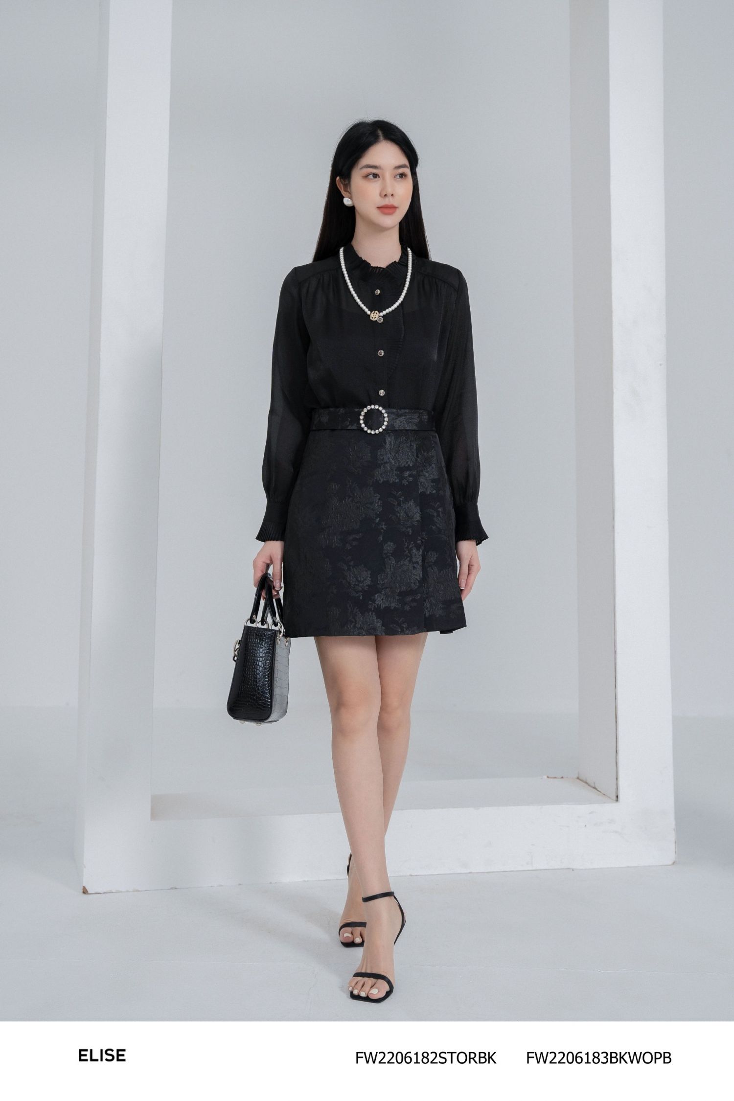 Chân váy gấm đen hoa xếp ly thiết kế Elise FW2206183BKWOPB | Lazada.vn