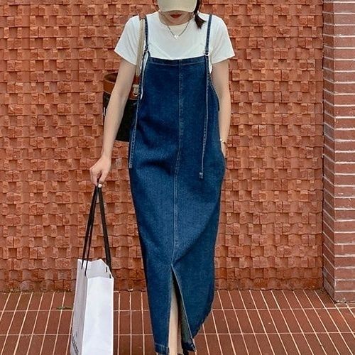 Đầm yếm denim dáng chữ a form rộng xẻ tà thời trang cho nữ