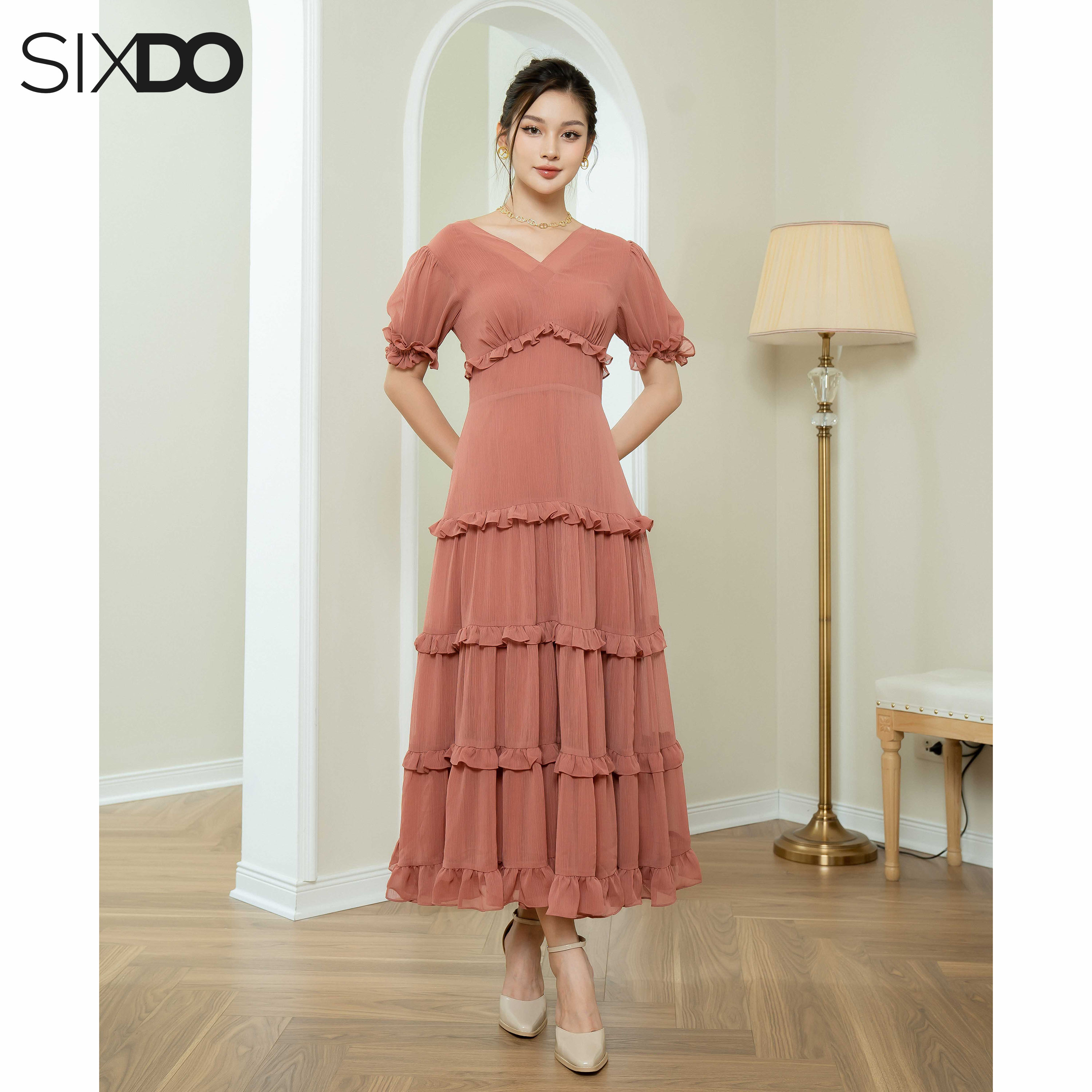 Đầm maxi voan cổ V SIXDO (Russet Midi Voile Dress)