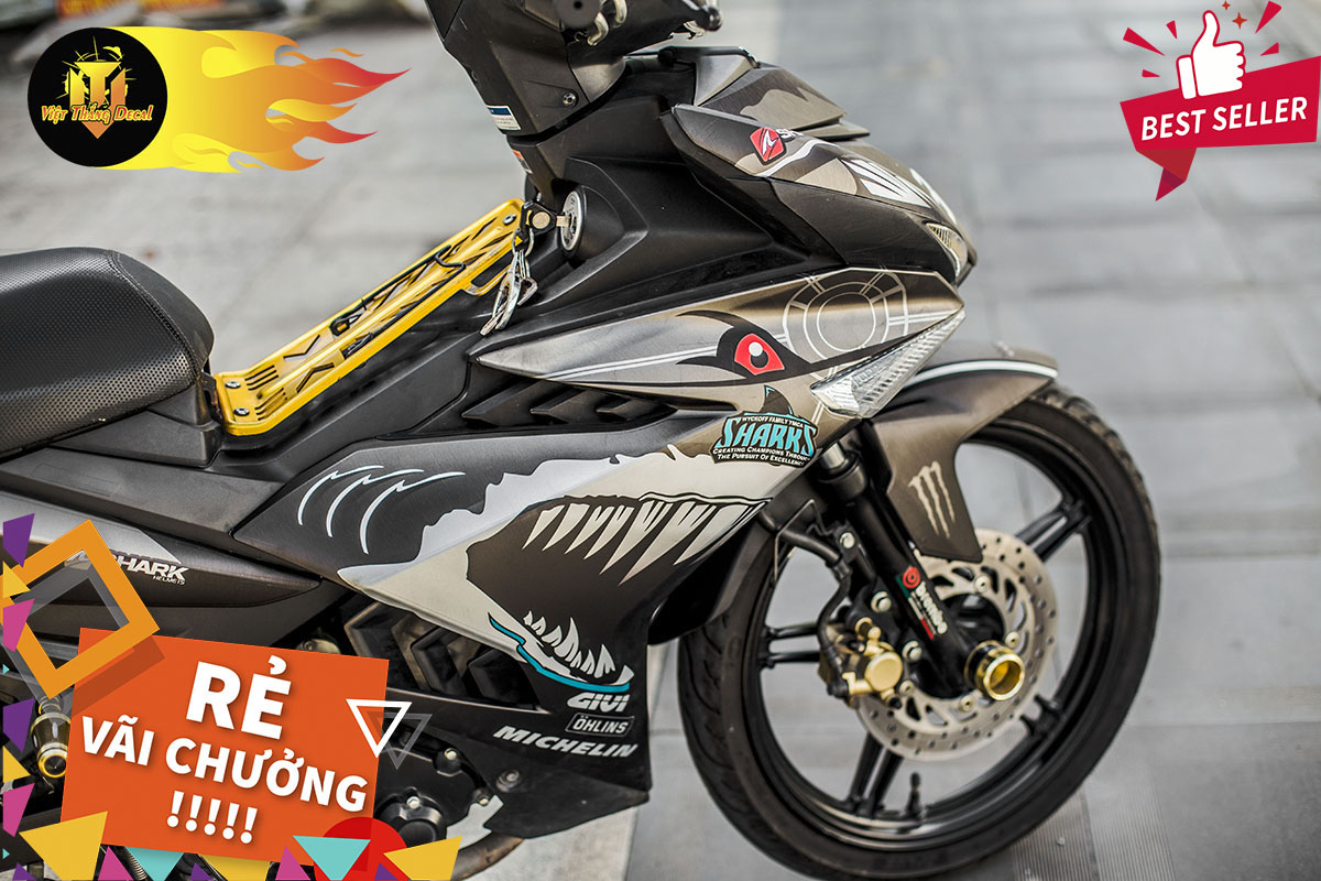Tem Trùm Exciter 150 Cá Mập Shark Đẹp Độ Chế Decal (Trắng Xám Đen)