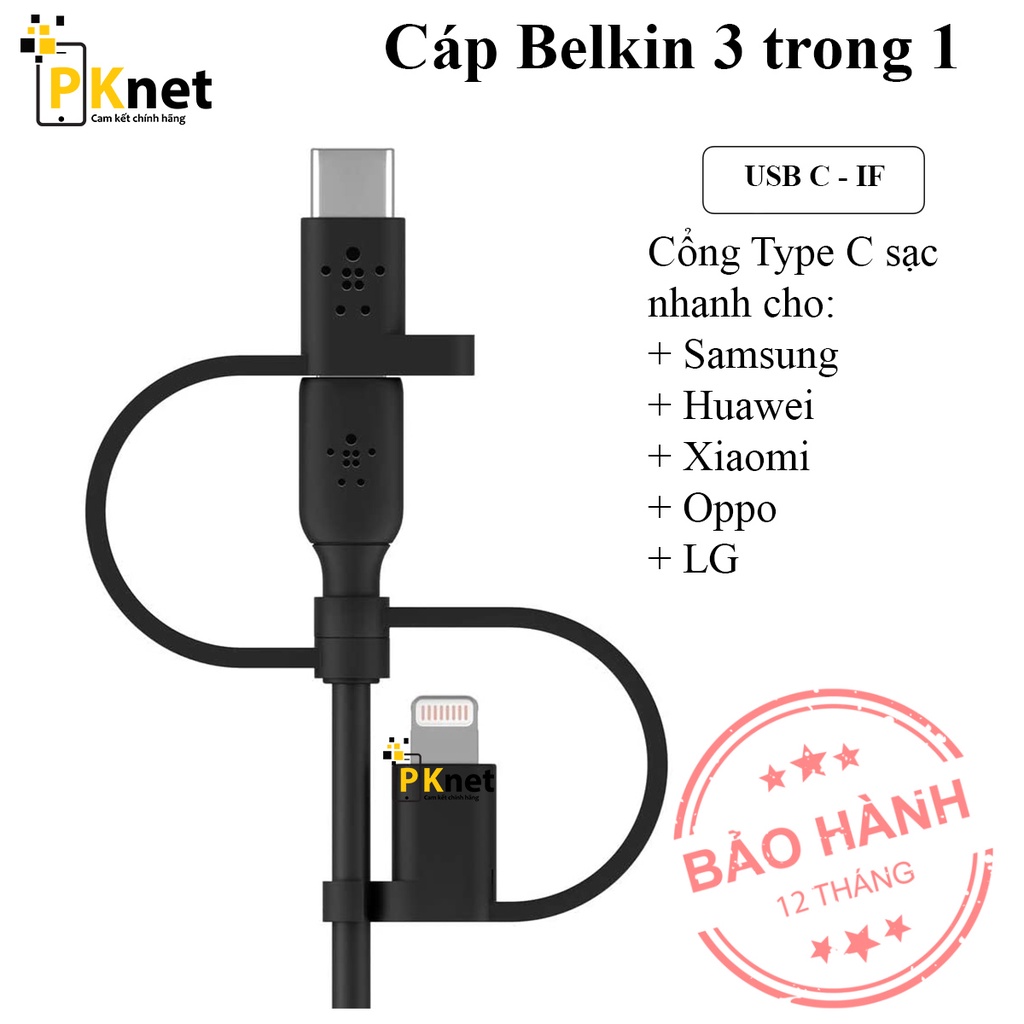 Dây sạc 3 trong 1 Belkin Chính hãng ( 3 cổng: Lightning, USB-C và Micro USB) [Nobox. bảo hành 12 tháng lỗi 1 đổi 1]