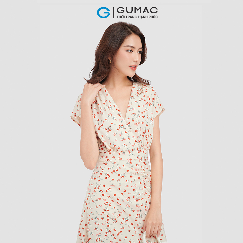 Đầm lụa GUMAC, đầm hoa tay liền thân đắp chéo DC09091
