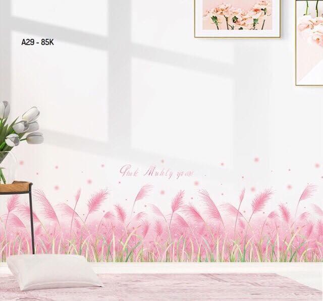 Decal dán chân tường mẫu hoa cỏ may hồng