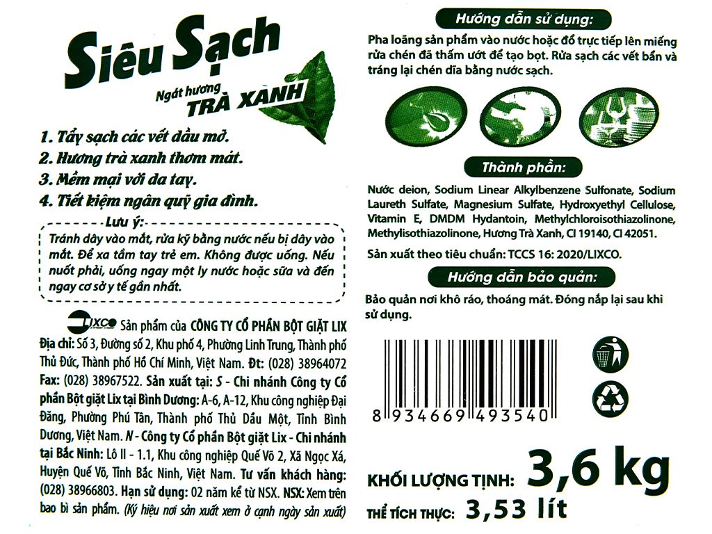 Nước Rửa Chén LIX Siêu Sạch Trà Xanh 3kg6