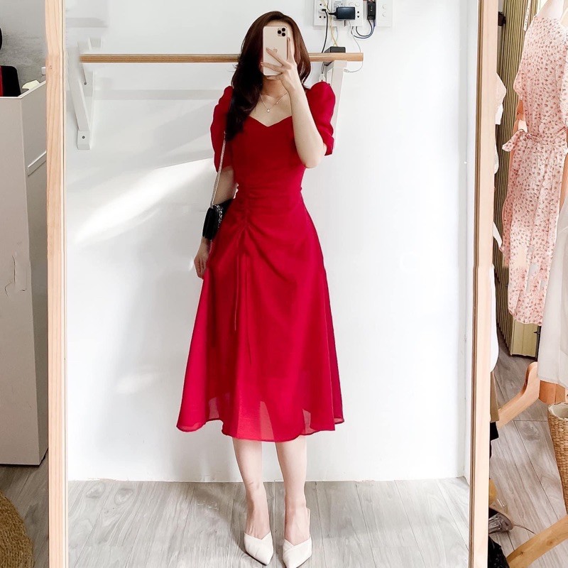 Đầm cổ V tùng rút dây 2 màu