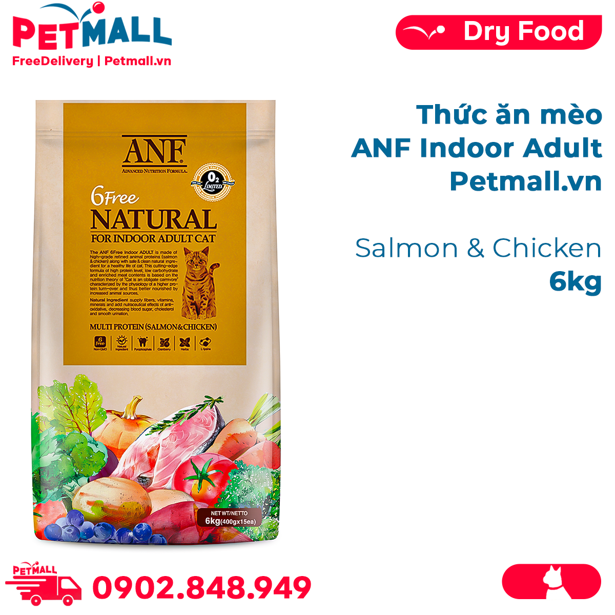 Thức ăn mèo ANF 6Free Indoor Adult 6kg - Salmon & Chicken Petmall