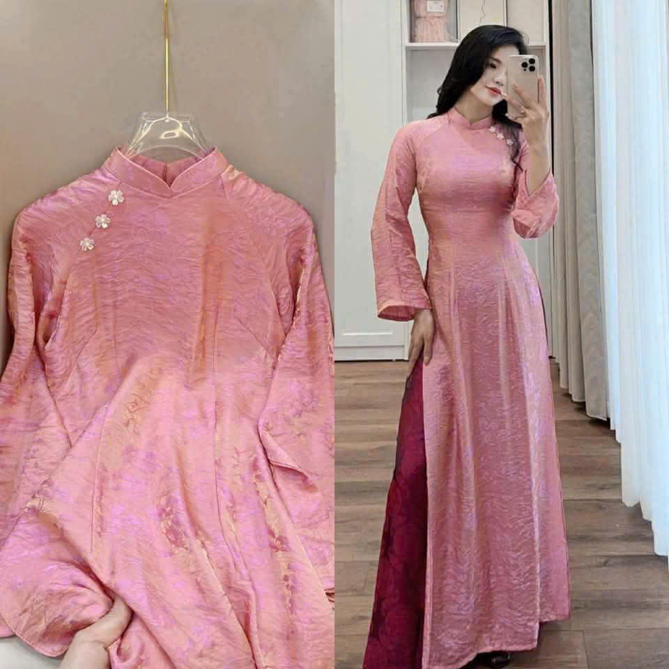 Bộ áo dài truyền thống 2 tà màu hồng vài tằm ánh kim
