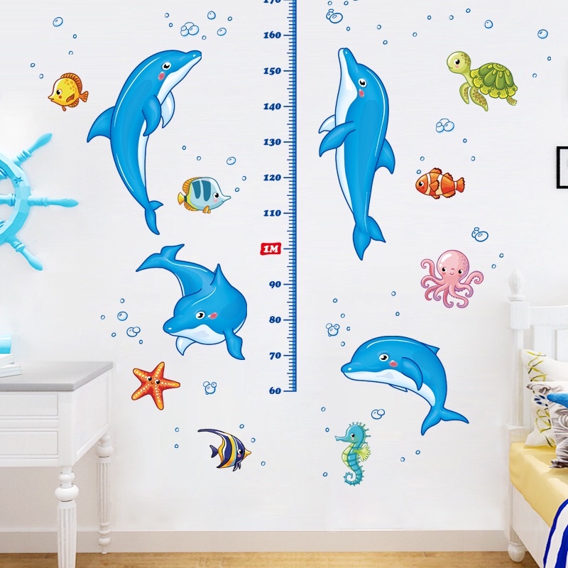 decal dán tường cho bé thước đo và cá heo xanh