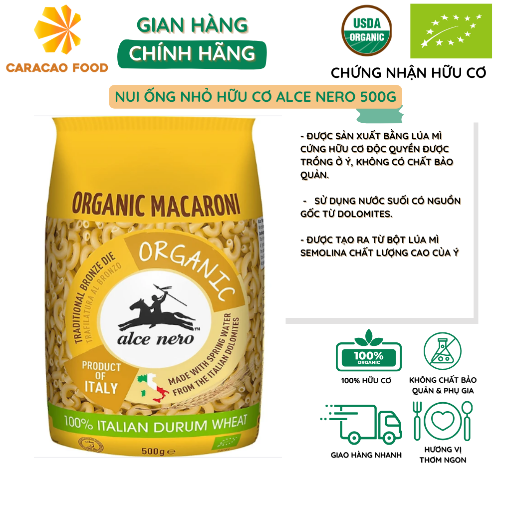 Nui ống nhỏ hữu cơ Alce Nero 500g - Organic Macaroni, 500g, 100% Italian Durum Wheat, Macaroni lúa mì nguyên chất hữu cơ của Ý