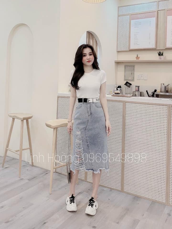 Chân váy bò nữ rách dáng dài