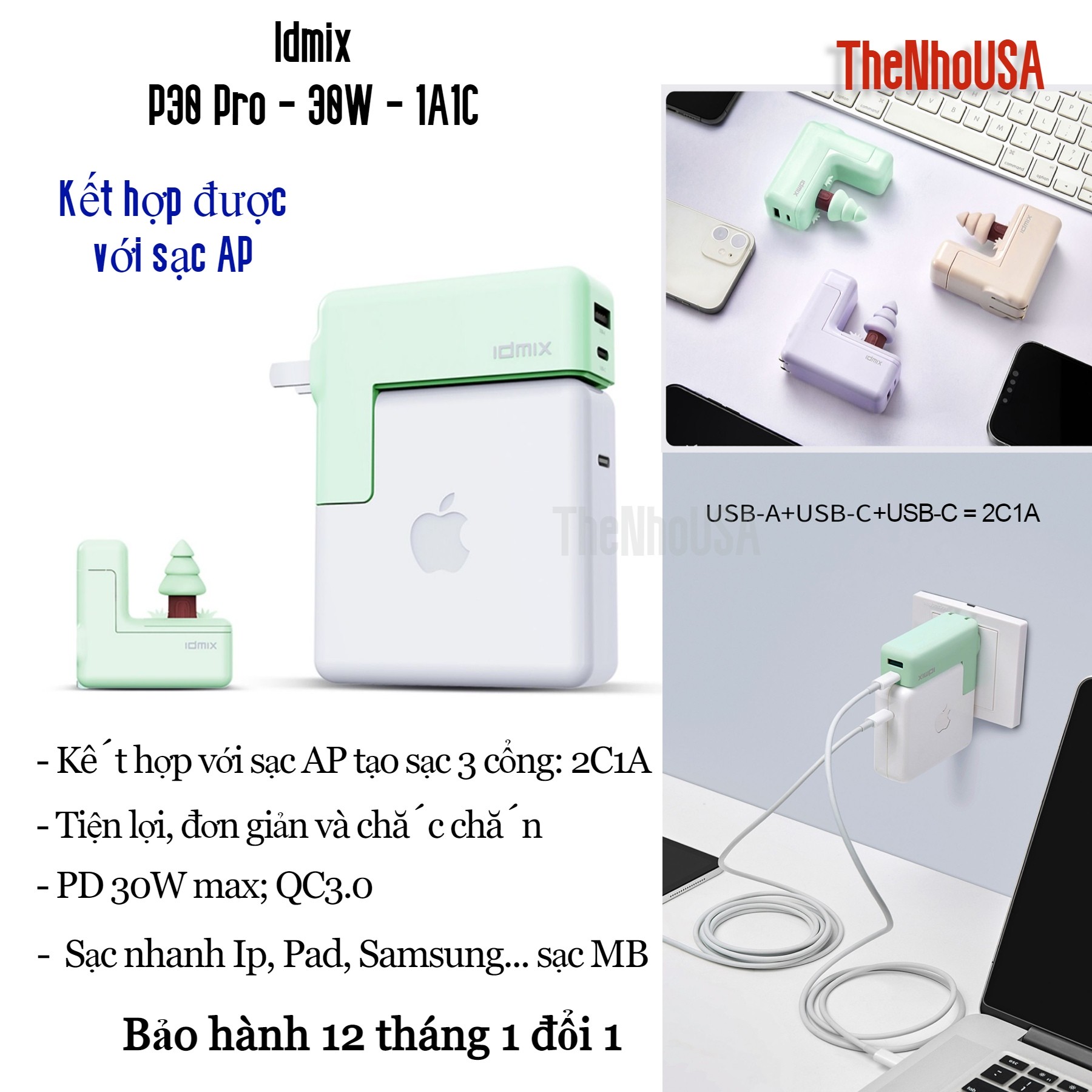 Củ sạc nhanh Idmix P30 Pro - [1 Type C + 1 Type A] PD/QC... [Kết hợp với củ AP] - [BH 12T]