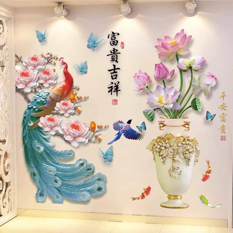 Decal dán tường bình hoa và công trang trí phòng khách