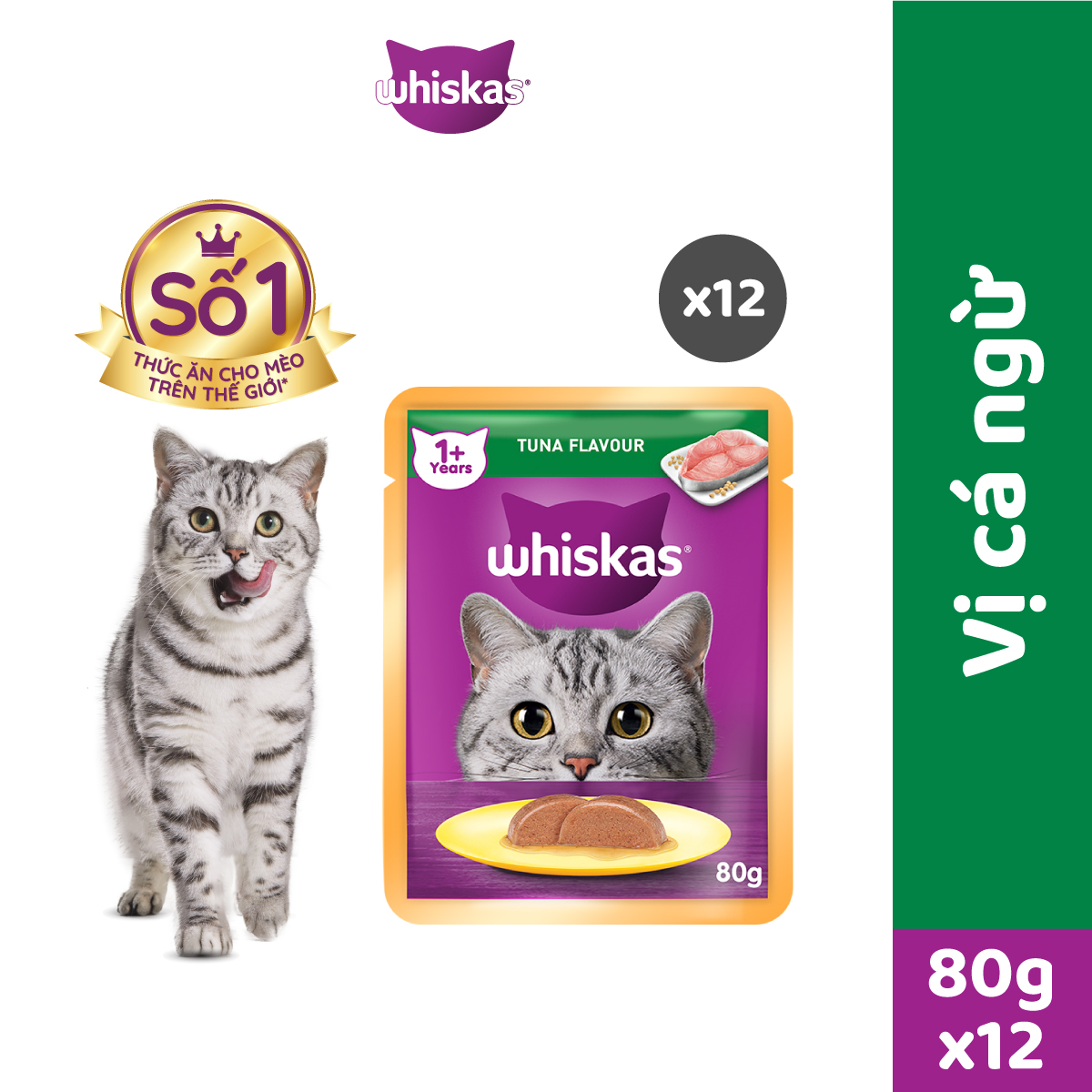 WHISKAS® Thức ăn cho mèo lớn dạng sốt (pate mèo) vị cá 80g (14 gói)