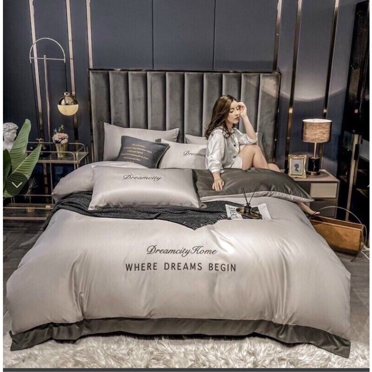Chăn ga gối Duo Decor phi lụa set 4 món Dream City phối 2 màu ( có tặng vỏ ôm )