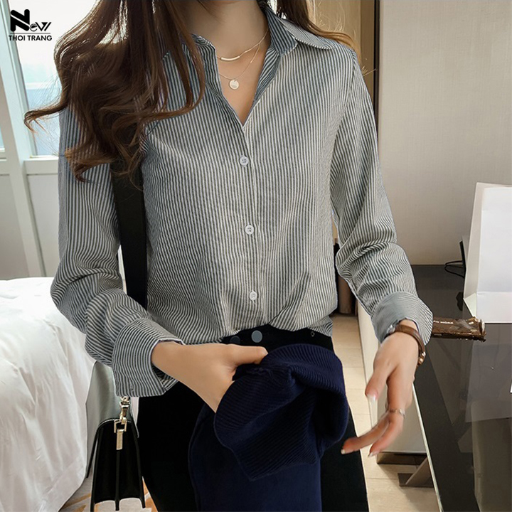[HCM]Áo Sơ Mi Công Sở In Kẻ Sọc Tay Dài - NTT