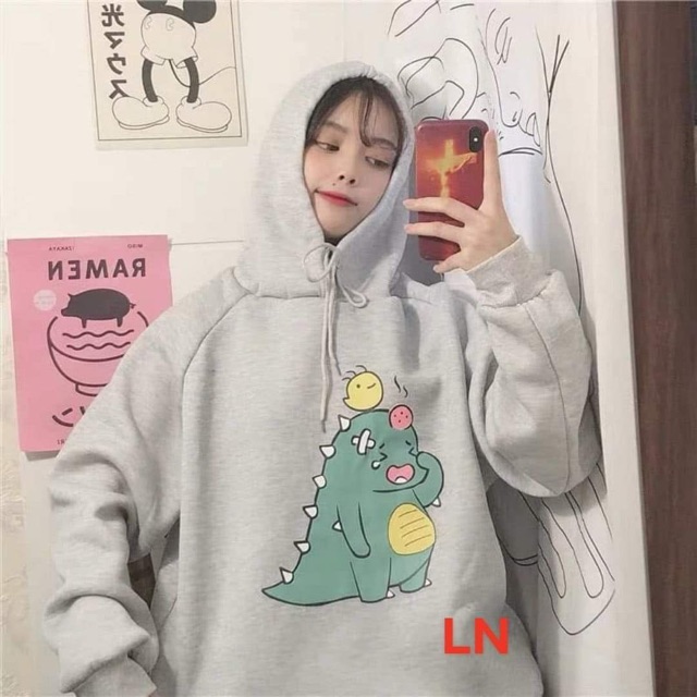Áo nỉ có mũ in khủng long xanh