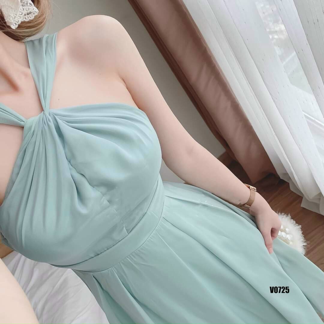 Đầm tiểu thư cổ yếm chất vải voan mềm mại đầm đi tiệc ôm eo dáng suông dài đầm basic Hàn Quốc nhẹ nhàng váy xòe cổ yếm vải lụa đầm mặc đi đám cưới đơn giản