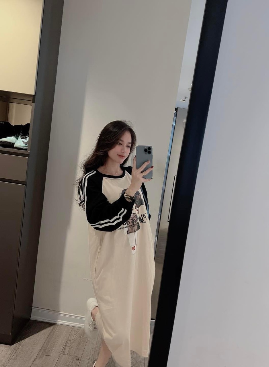 Đầm suông dài tay cổ tròn hình cô gái đội mũ, váy suông dáng dài thu đông mềm mại