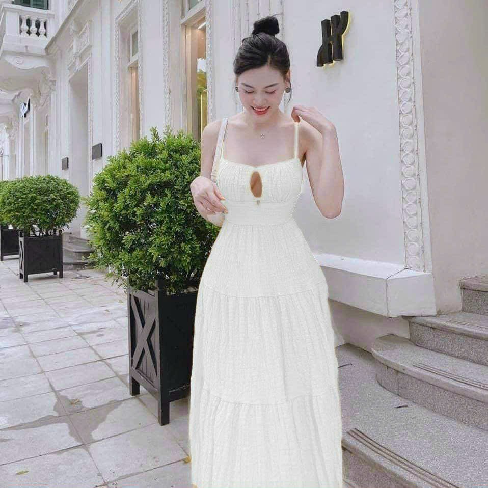 Đầm maxxi 2 dây xếp tầng