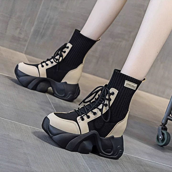 Giày Boots đế độn cổ len cao 9cm PB590-4166