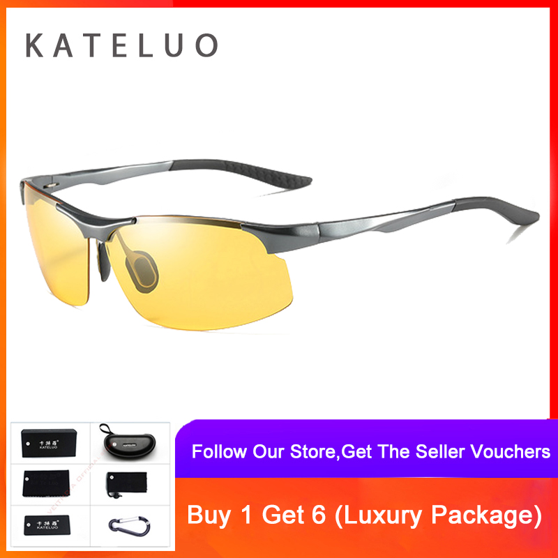 KATELUO Aluminum Day Night Vision Dual Use Mens Sunglasses HD Polarized UV400 Male Sun Glasses For Men Eyewear Accessories 2173