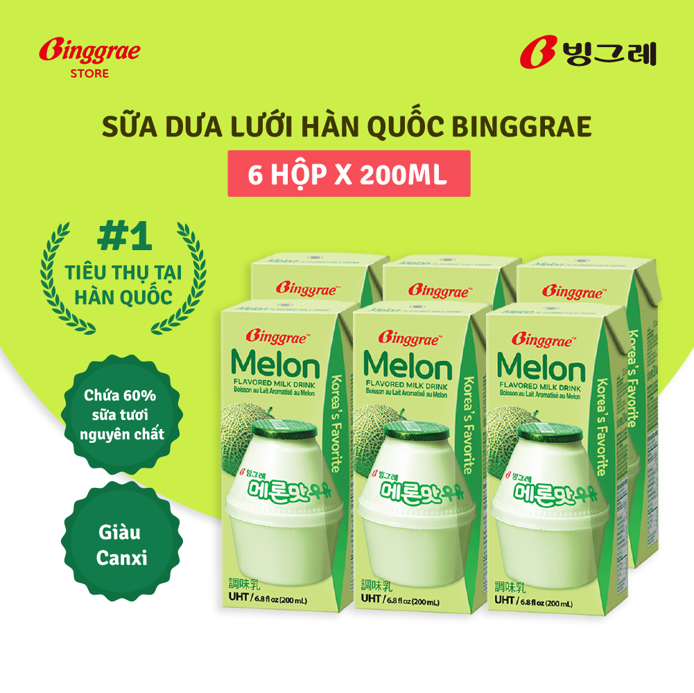 Lốc Sữa Dưa lưới Hàn Quốc Binggrae Melon Milk 200ml x 6 hộp