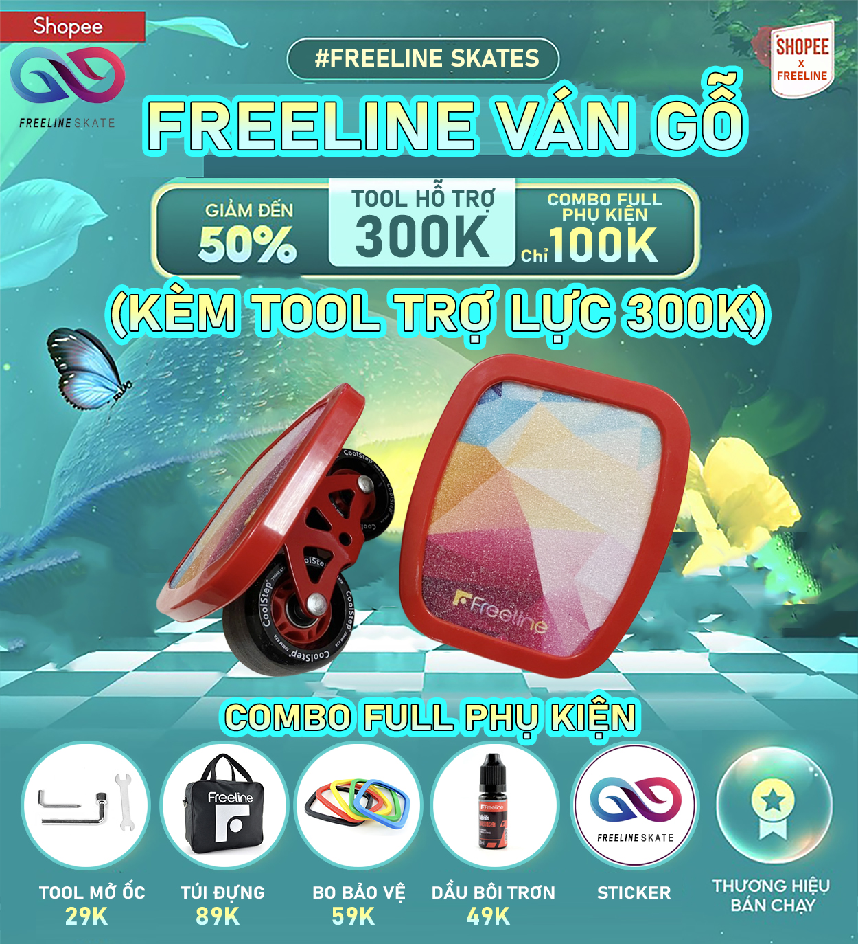 [FREELINE] VÁN TRƯỢT FREELINE SKATE GỖ BÁNH TRUNG (SIÊU BỀN, NHẸ VÀ LƯỚT)
