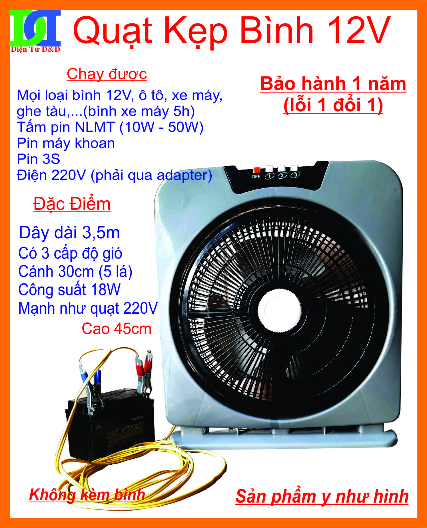[HCM]Quạt hộp 12V kẹp bình acquy.