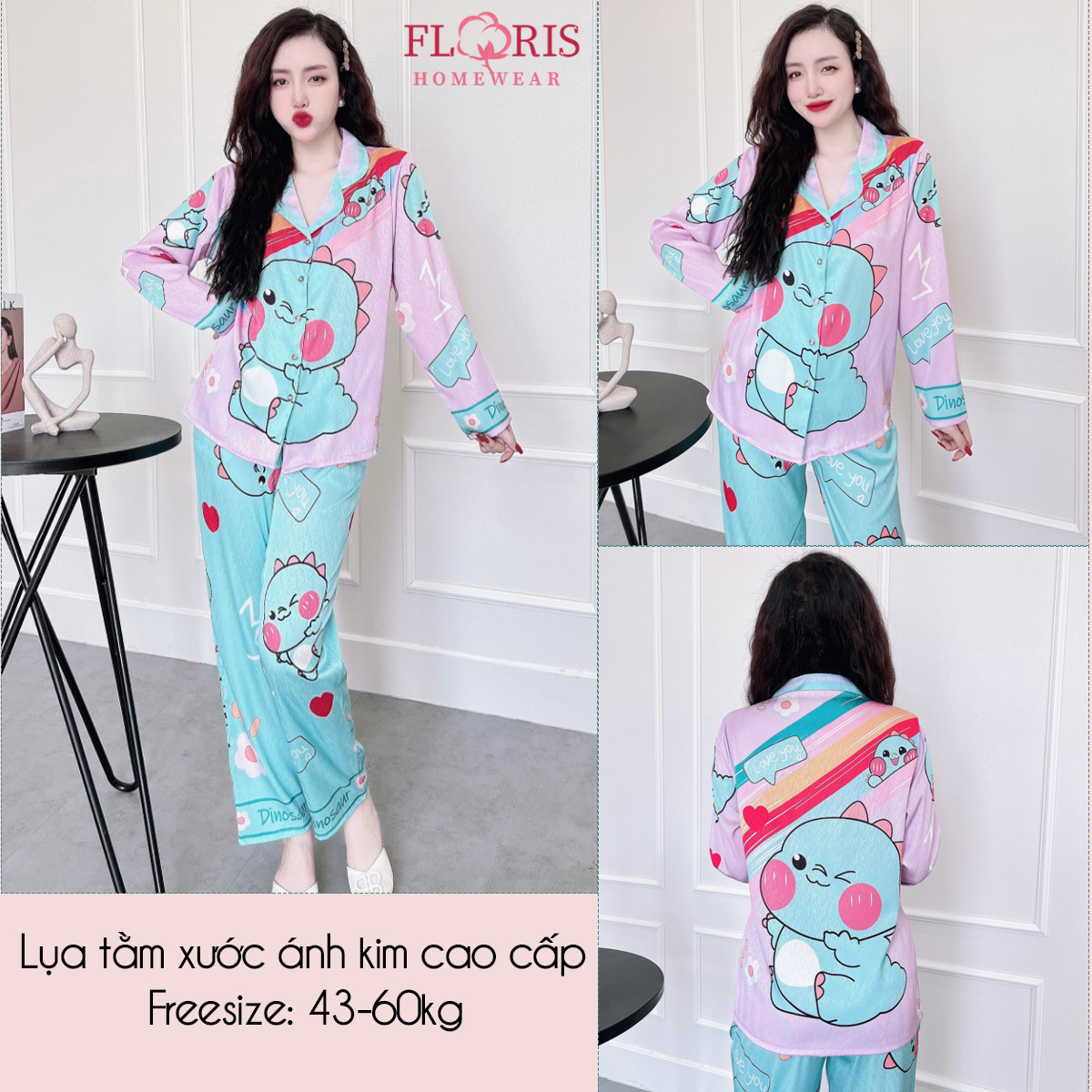 Đồ ngủ pijama mặc nhà lụa xước in hình 5D dễ thương