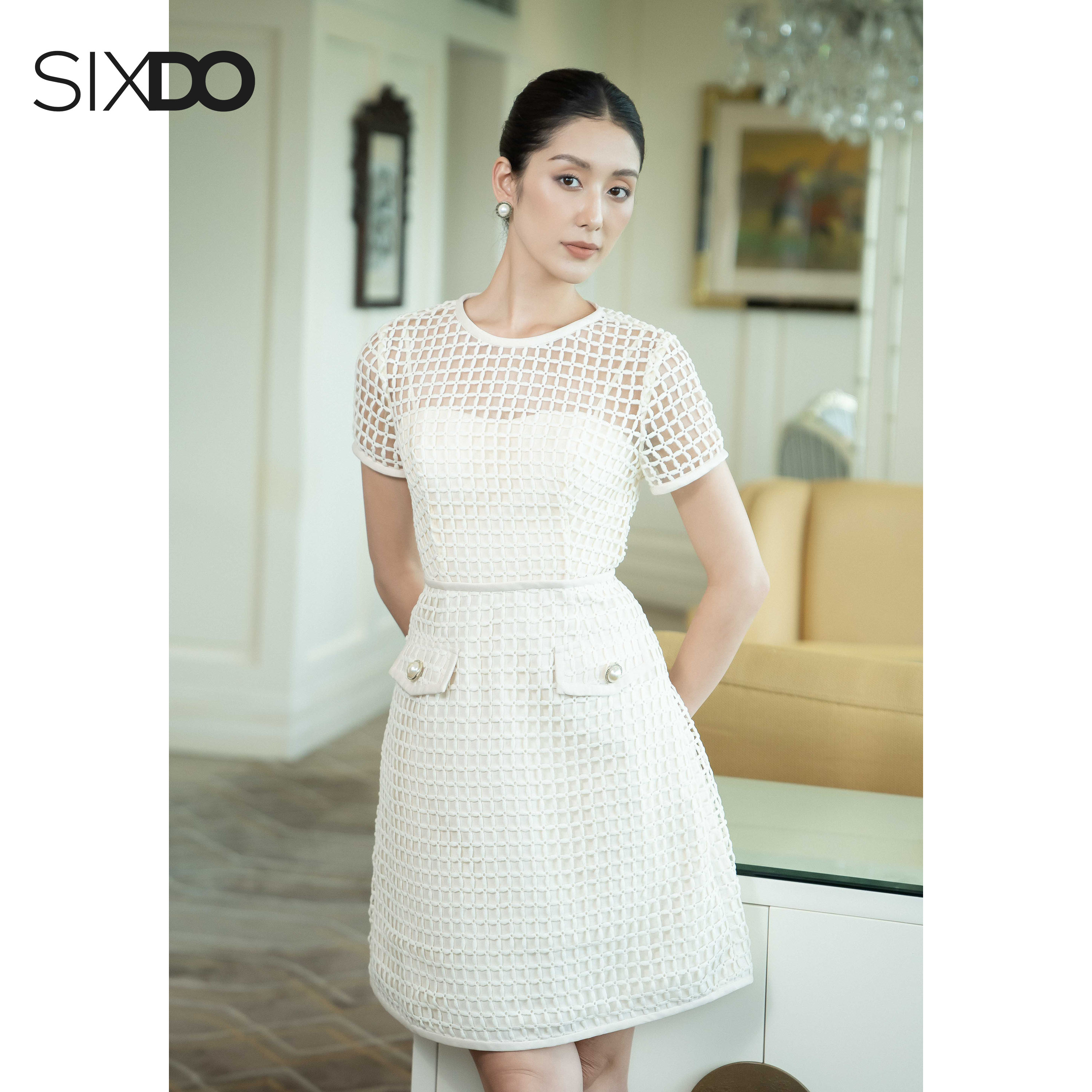 Đầm be ren lưới ngắn tay SIXDO