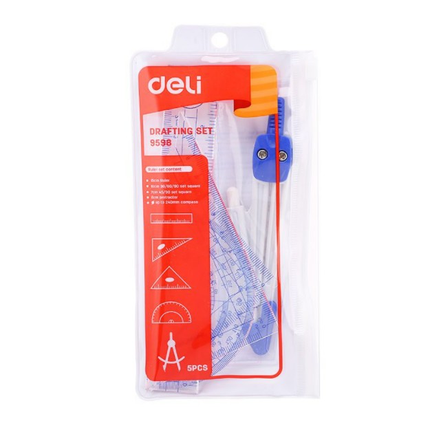 Bộ 5 dụng cụ đo độ, eke, thước thẳng, compa Deli E9598