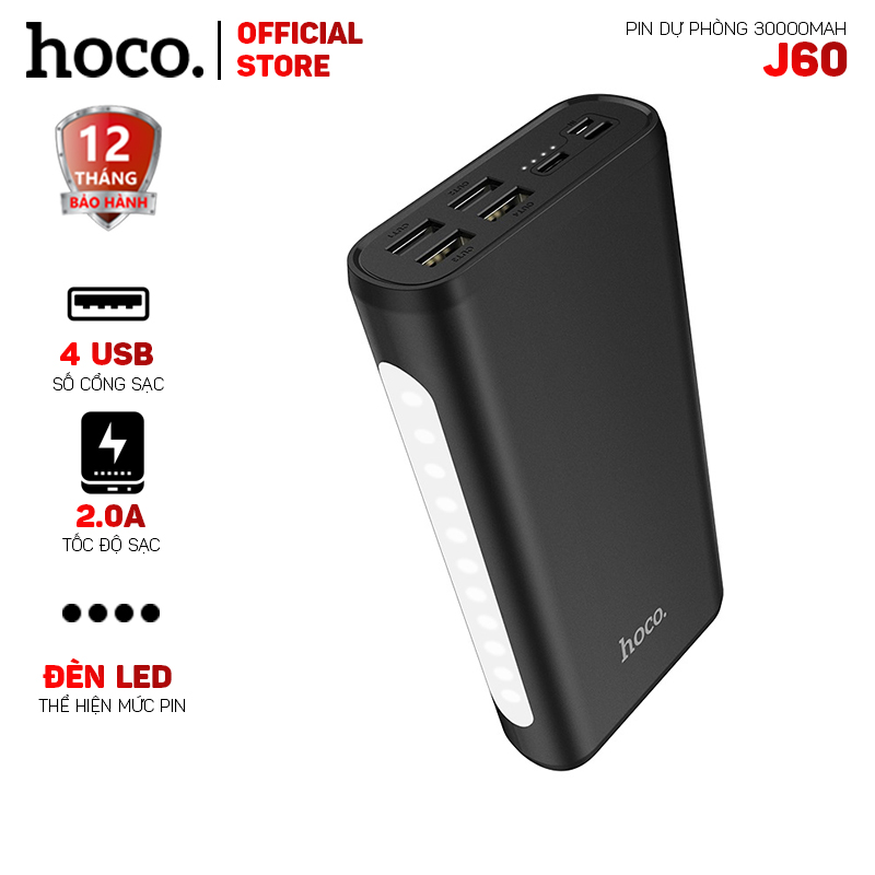 Pin Dự Phòng Hoco J60 Polymer 4 Cổng Usb 2.0a 30000mah Đèn Led