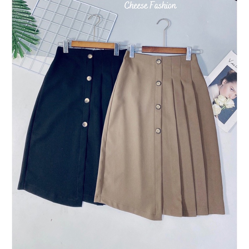 Chân váy xếp ly dáng dài 4 khuy siêu hot