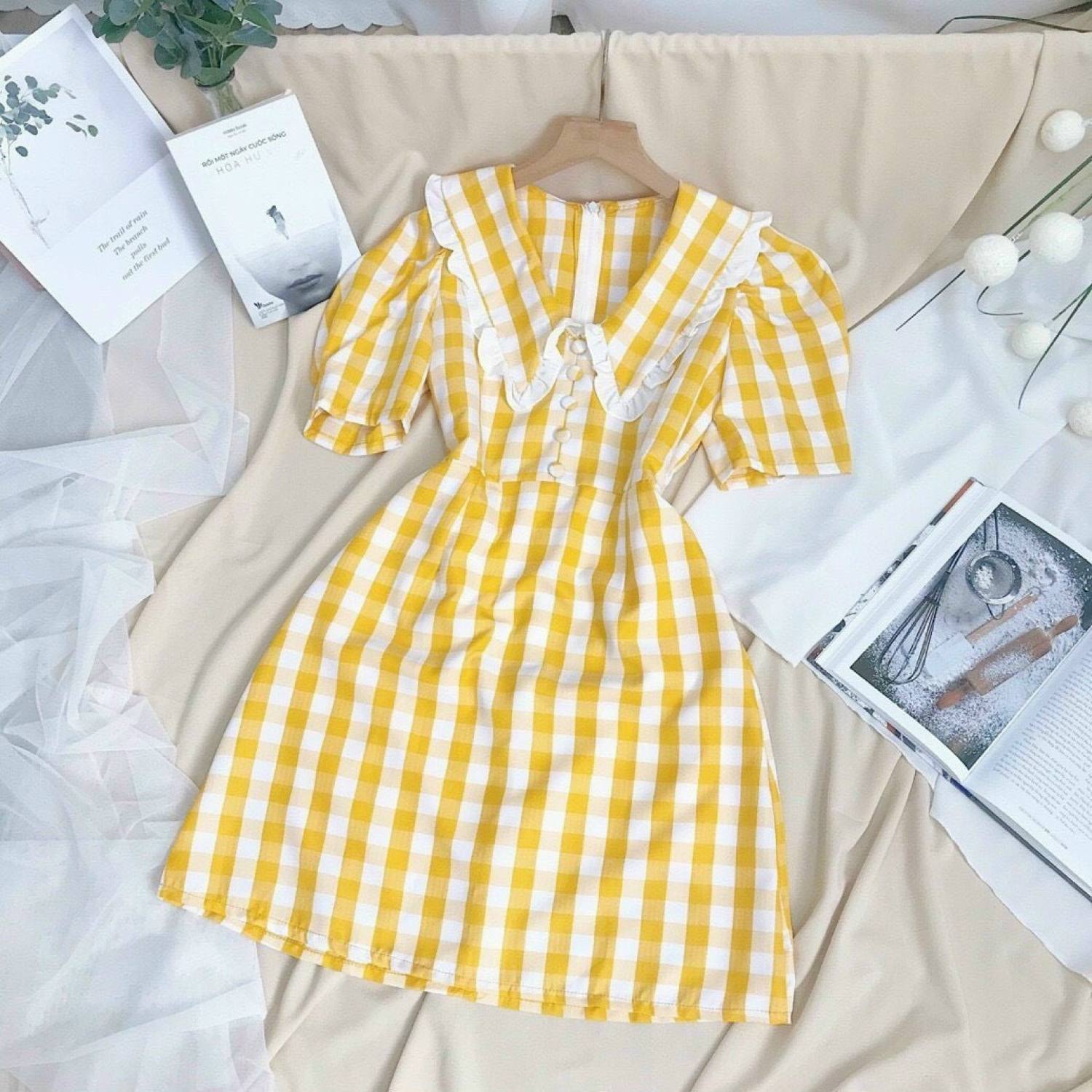 [Siêu Sale 12.12] Đầm Caro Kate Cổ Bèo Dáng Xòe Tiểu Thơ