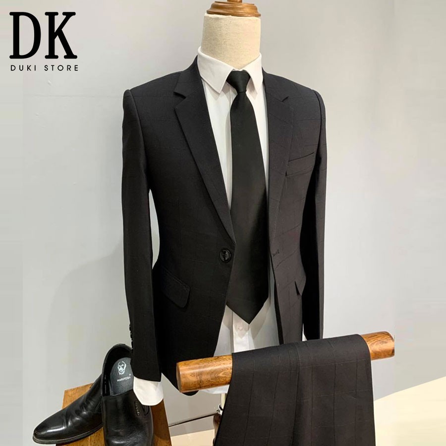Bộ vest nam đen kẻ caro chìm siêu đẹp dka0040 - duki store