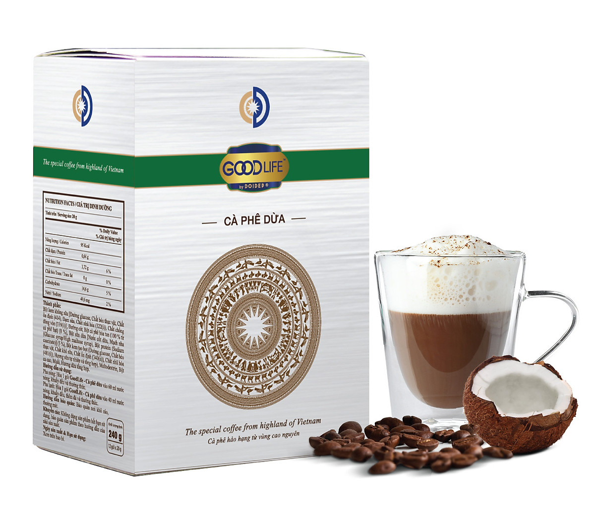 Hộp cà phê hòa tan GOODLIFE vị dừa 240gr (12 gói x 20g)