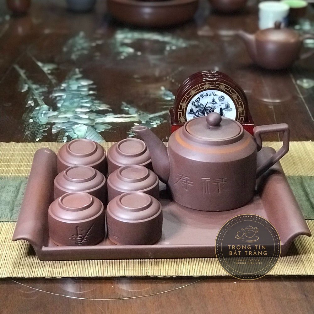 Bộ ấm chén trà đạo tử sa bát tràng khắc chữ phúc lộc thọ dáng hán đạc dung tích 450ml abtth 17