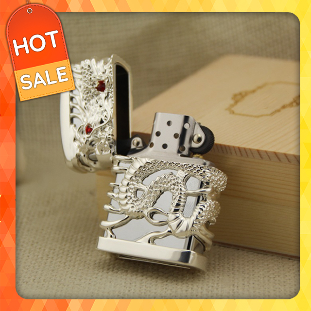 Hộp quẹt bật lửa chief cf-0985y họa tiết rồng mắt đỏ đẹp độc lạ - dùng xăng bấc đá cao cấp