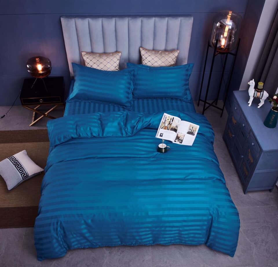 Bộ Chăn Drap Gối COTTON SỌC 3F Màu Xanh Cổ Vịt Vải Cotton Lụa Bóng Hàng Chuyên Cho Gia Đình Và Khách Sạn Lan Pham Bedding