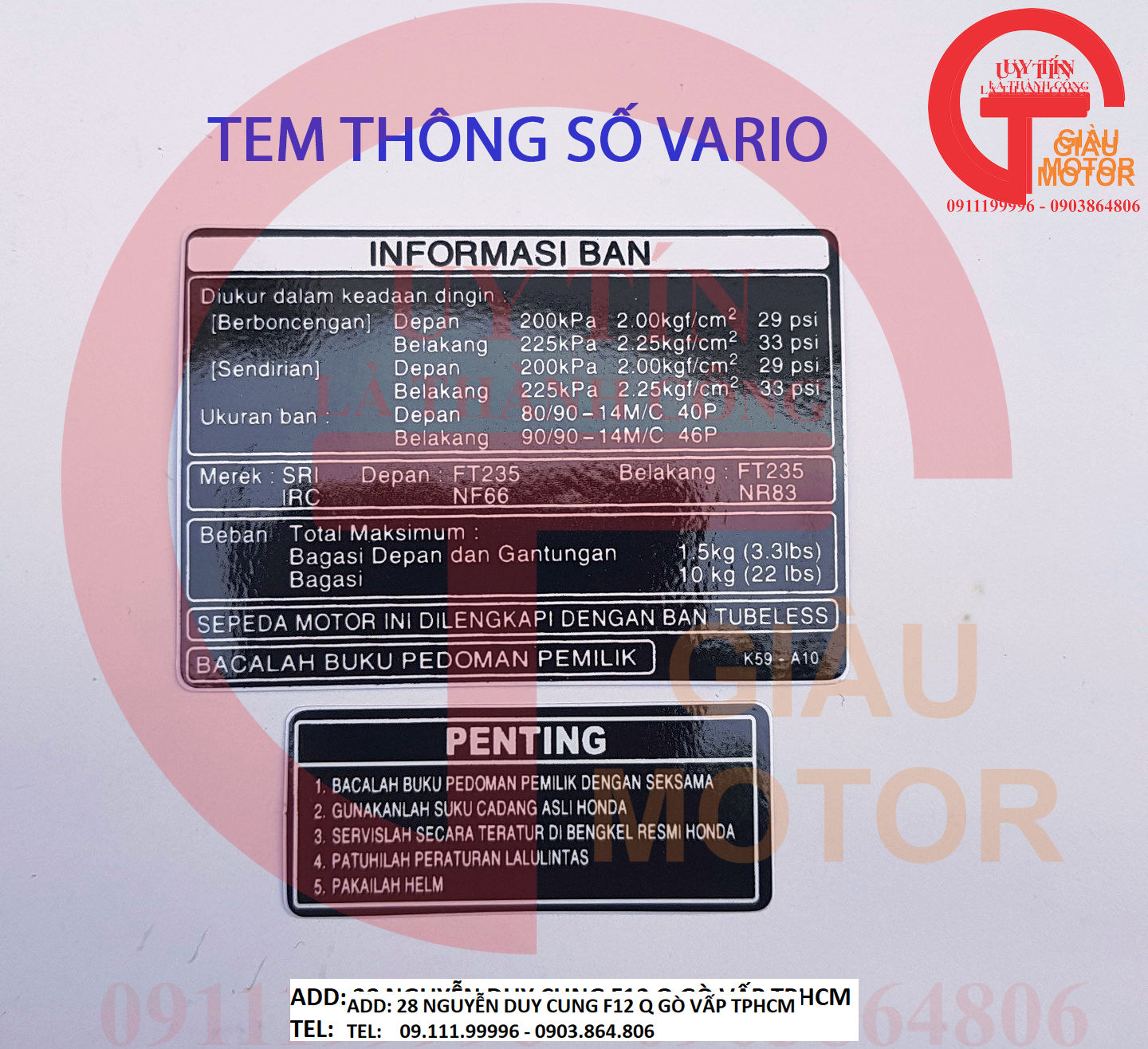 BỘ TEM THÔNG SỐ CHO XE HONDA VARIO CHỮ INDO